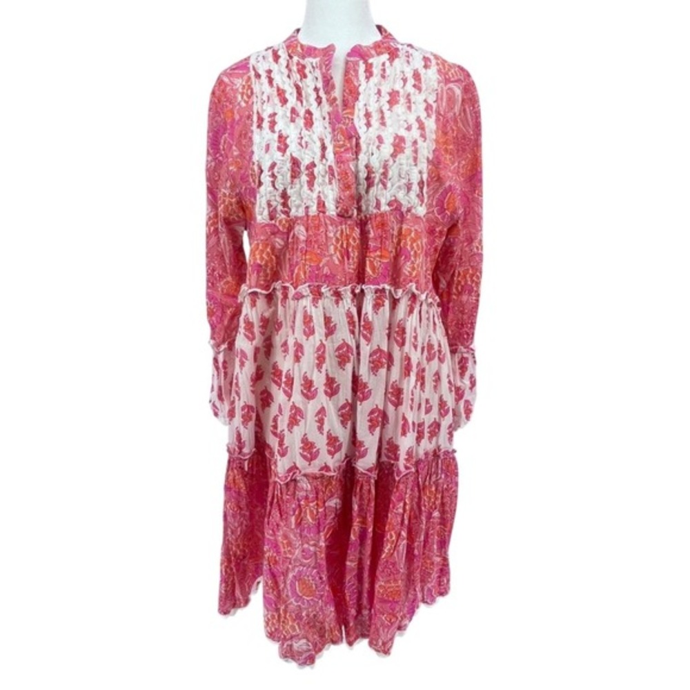 Mehers Women's Dress XL Pink White Floral Paisley Tiered Ruffle‎ Boho Coastal